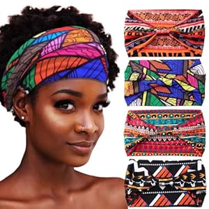 African Headbands Boho Knotted Hairbands Stretch Wide Head Wraps Elastic Yoga Turban Hair Scarfs Workout Printed Hair Accessories for Women Pack of 4 (Style A)