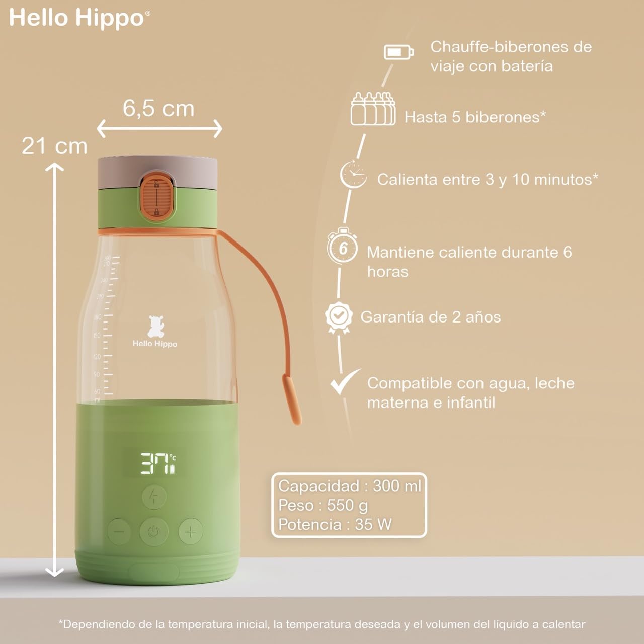 HELLO HIPPO® Premium Mobile Bottle Warmer, portátil, USB, 300 ml - sin cable - bateria- ideal para viajes - Calienta leche y agua - Graduación /30 ml - Temperatura regulable de 37 a 50°C