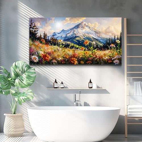 FUHAIHUA Large Framed Wall Decor For Living Room Canvas Wall Art For Office Farmhouse Wall Decorations For Bedroom Mountain Flower Landscape Paintings Modern Pictures Artwork Home Decor 24x48 In