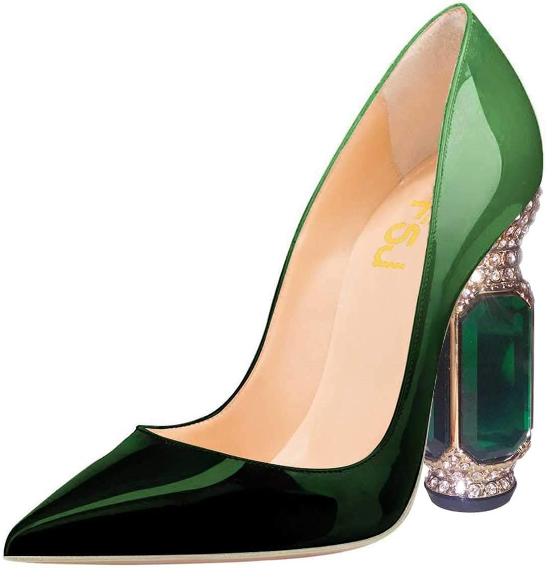 FSJ Women Bridal Pointed Toe Chunky High Heel Crystal Pumps Slip on Wedding Thick Comfort Unique Shoes Size 4-15 US