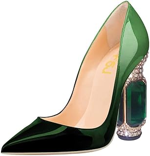 Women Bridal Pointed Toe Chunky High Heel Crystal Pumps Slip on Wedding Thick Comfort Unique Shoes Size 4-15 US