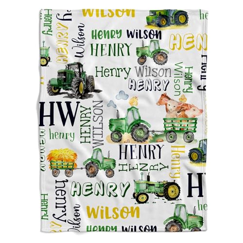 Personalized Farm Tractor Baby Blanket, Custom Name Soft Fleece Throw, Newborn Boys Nursery Bedding, Unique, Farm Animal Theme