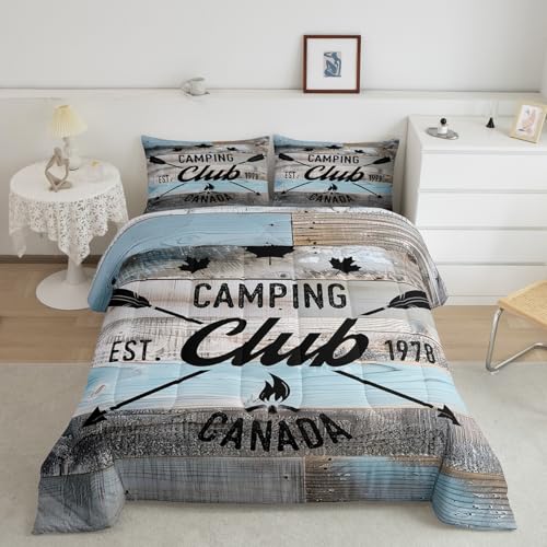Erosebridal Camper Bedding Queen for Boys Teens Happy Camping Comforter Set,Adult Girls Kids Camping Bedding Vintage Rustic Wood Board Arrow Print Duvet Insert Ultra Soft Inner Fill