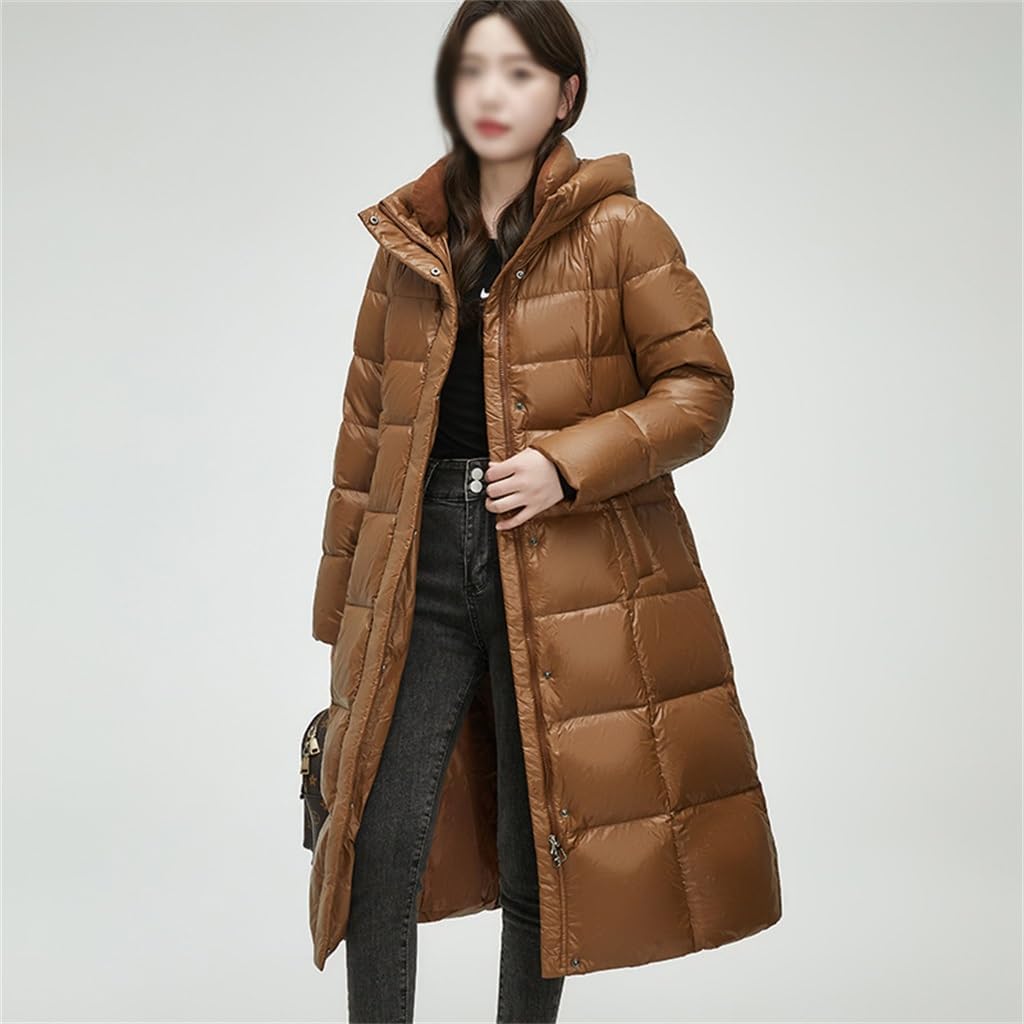 Women's Casual Winter Knee-length Hooded 90% Duck Down Jacket Thickened Belt Model Cold Weather Clothing