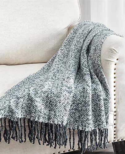 Soft Cashmere Acrylic Fringe Blanket Throw Cozy Shawl Warp Wool Throw Blanket For Couch Bed Sofa Camping Chair, 51" X 67", Blue #TOP1