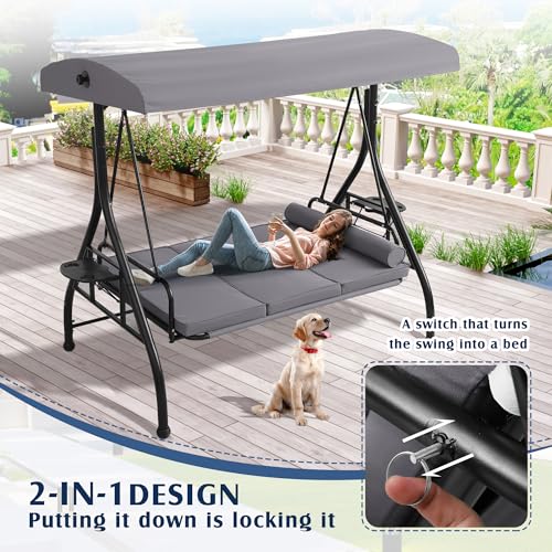 Image of Grepatio Outdoor Porch Swing with Canopy and Stand, 3 Person Patio Swing for Adults, Convertible 2 in 1 Porch Bed Swing with Cup Holder, 3 Seat Swings with 2 Pillow Cushions for Garden, Yard (Grey)