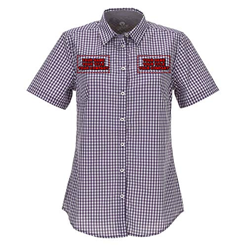 Chef Works Custom Embroidered Womens Modern Gingham Short Sleeve Dress Shirt, Purple, L