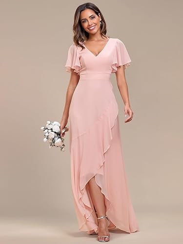 Miniatura 4 de Ever-Pretty Vestidos de dama de honor con doble escote en V, línea A, dobladillo con volantes, espalda descubierta, de gasa alta-baja para mujer,