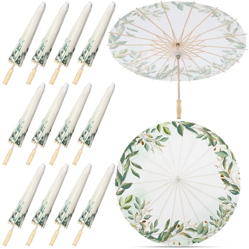 Lemosae 12 Pack Paper Umbrellas Bulk for Wedding, 23.6" Chinese Japanese Parasol Vintage Decorative Sun Umbrella for Bridal Party Tea (Eucalyptus Leaf) by Lemosae - Used condition - US$41.39
