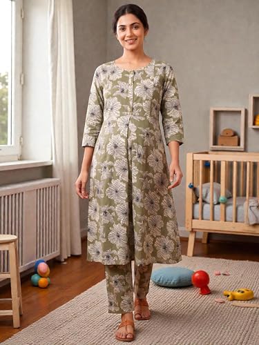Image of RITIJYA Pure Cotton Feeding Kurta Pant Set for Women | Floral Anarkali Pregnancy Dress with Concealed Nursing Zipper Side Pocket | Pre & Post Partum | Maternity Dresses | Baby Shower Outfit