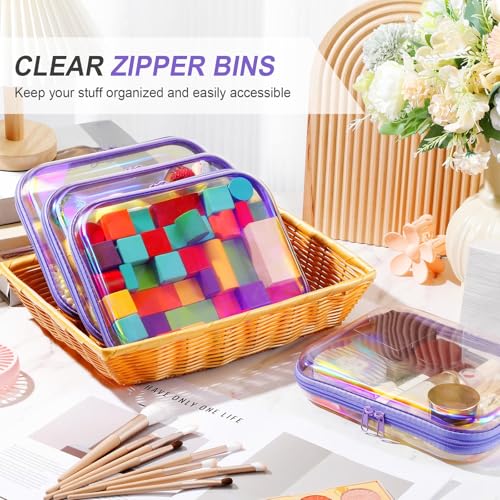 Image of Hoolerry 4 Pcs Hard Clear Zipper Case Makeup Bags Plastic Zipper Pouch Transparent Storage Box Containers for Cosmetics, Snacks, Building Blocks, Puzzles(Clear,9.8 x 7.9 x 2 in,Purple Laser)