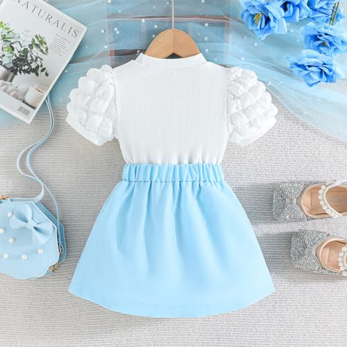 Image of Toddler Girl Summer Outfits Puff Short Sleeve Ribbed Knit Tops Mini Skirt Set Cute Girl Clothes