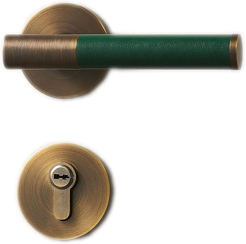 Door Knob Lever Brass Leather Magnetic Double Door Single Door Lock Door Levers Indoor Door Handle with Key/Without Key Door Lock with Handle (Color : Green Anti-Insertion Without Key)