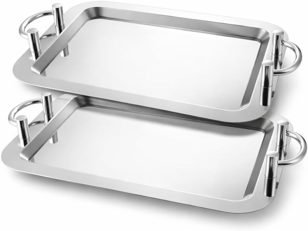 2 Pcs Stainless Steel Serving Tray with Handles, Large Rectangular Decorative Metal Trays, Mirror Polished for Food, Party, Coffee, Desserts, Kitchen Counter, 16" x 12" (19" x 13")