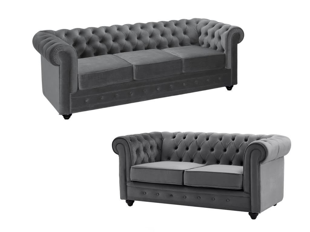 Vente-unique - Canapés 3 Places et 2 Places en Velours Anthracite Chesterfield