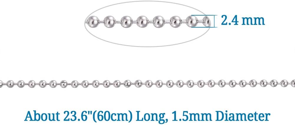PH Pandahall 100 Pieces Stainless Steel Bead Ball Chain Necklaces with Clasps Connectors 23.6"/60cm Long 2.4mm Diameter Stainless Steel Color Plated for Jewelry Making