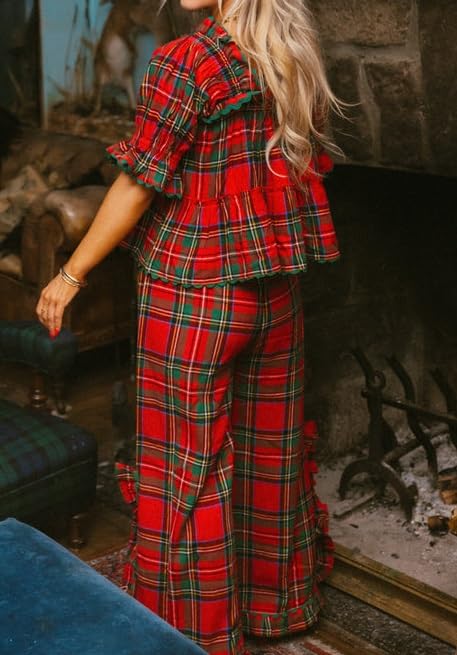 Image of Argeousgor Women Plaid 2 Piece Pajama Set Button Down Puff Sleeve Babydoll Shirt Gingham Pants Pj Lounge Set Sleepwear