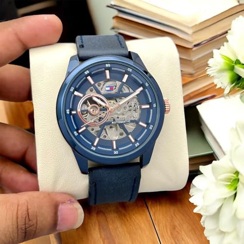Image of Luxury Automatic Mechanical Watch, Gold-Tone Case, Brown Leather Strap, Skeleton Dial
