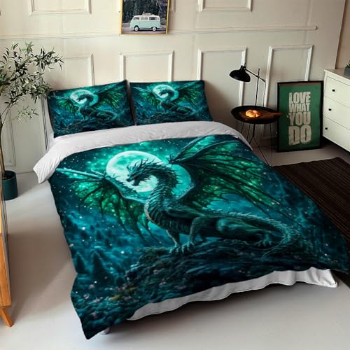 Parure de lit 200x200 cm dragon vert en microfibre douce et infroissable