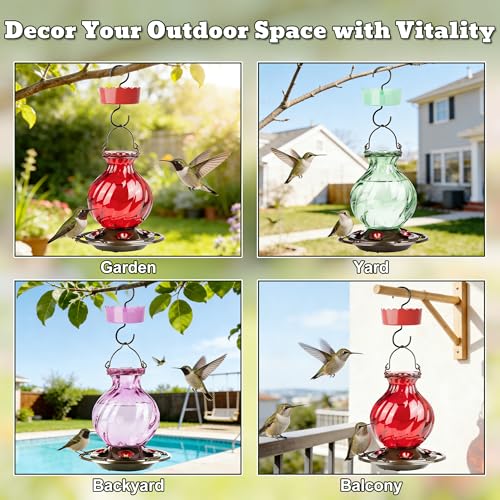 Image of Hummingbird Feeder, Auslar 26 Ounces Glass Hummingbird Feeders for Outdoors Hanging Ant and Bee Proof, Ant Moat & 5 Flower Feeding Ports, Rustproof, Leakproof, Netted Flower Bud Shape Bottle, Red