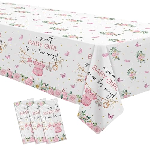 Image of Srua Don Pink Baby Girl Baby Shower Decorations Tablecloth for Girl, Floral A Sweet Girl is On Her Way Party Supplies Table Cover, Baby Girl Party Table Cloth, 3 Pack, 55in x 86in