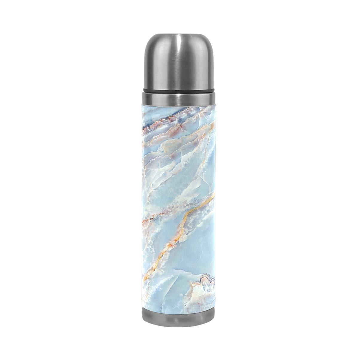 Taza de viaje aislada al vacío de acero inoxidable con doble pared a prueba de fugas, color mármol, textura personalizada impresa en piel auténtica, termo termo de 500 ml