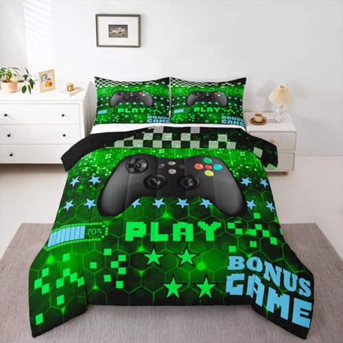 Image of Feelyou Gaming Comforter Set Toddler Size Teens Gamer Bedding Set for Kids Boys Game Controller Reversible Comforter Gamepad Quilt Fluorescent Green 1 Comforter Set Toddler Size with 1 Pillowcase