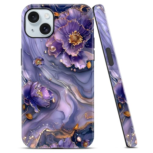 Coque iPhone 15 motif veines dorées et marbre violet premium haute protection