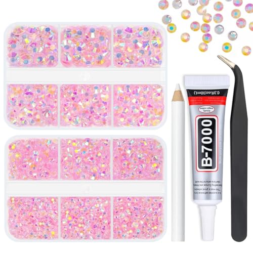 qiipii Transparent Pink AB Jelly Resin Rhinestones w B7000 Glue for Bedazzling Crafting 3mm 4mm 5mm 6mm Clear Light Pink Stones Diamonds Crystals Gems Charms for Nail Face Makeup Tumblers Crafts Shoes