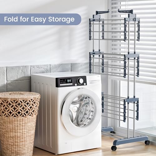Grand séchoir à linge acier inoxydable à roulettes avec ailes