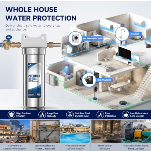 Image of Whole House Water Filter Housing, 304 Stainless Steel, Fits Standard 10 inch x 2.5 inch Sediment Filters, 3 /4 inch Brass Port Pre-Filter System for Well & City Water, Includes Wrench and 1 PP Sediment Filter