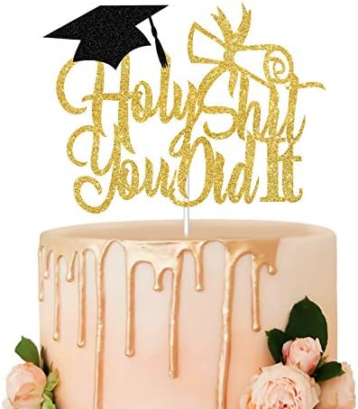 Holy Shit You Did It Cake Topper, Gold Glitter Funny Graduation Cake Decor, Funny Congratulations Cake Topper,Happy 2023 Graduation Party Decorations Photo Prop