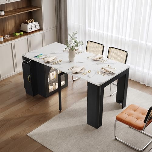Isla de cocina con ruedas, mesa de comedor extensible con tablero extraíble, carrito de servicio móvil con regletas, sirve como aparador, aparador o mesa de bar para comedor y cocina (negro)