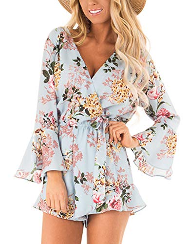Relipop Women's Rompers Floral Print Wrap V Neck Flared Sleeve Elastic Tie Waist Jumpsuit #TOP1