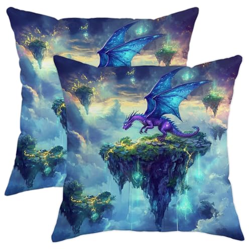 Fantasy Dragon - Juego de 2 fundas de almohada con diseño de dragón con alas azules, fundas de cojín cuadradas decorativas mágicas para el hogar, sofá, cama, sofá, 18 x 18 pulgadas