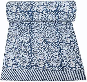 YUVANCRAFTS Indian Handmade Cotton Kantha Quilt - Twin Size 90x60 Inches, Ikat Print, Green, Traditional - View #5