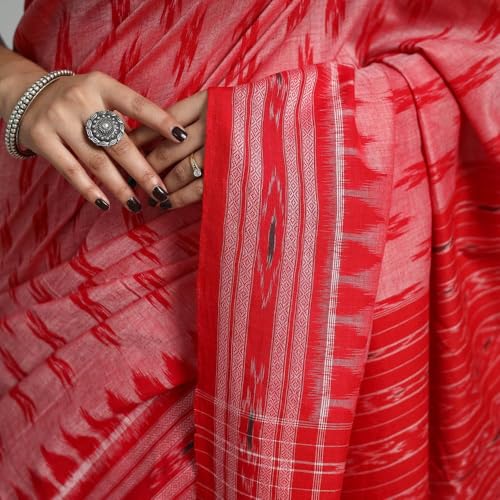 Image of ODISHAHANDLOOM Sambalpuri Pure Cotton Handloom Saree, Traditional Ikat Pattern, Red and Green, Without Blouse