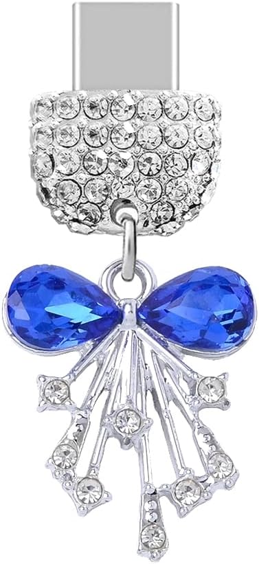 TP985 Type-C Charging Port Crystal Anti Dust Plug Little 3D Bow Cell Phone Charm for iPhone 15/16/Samsung/OnePlus/Xiaomi/oppo Android Phones (Blue)