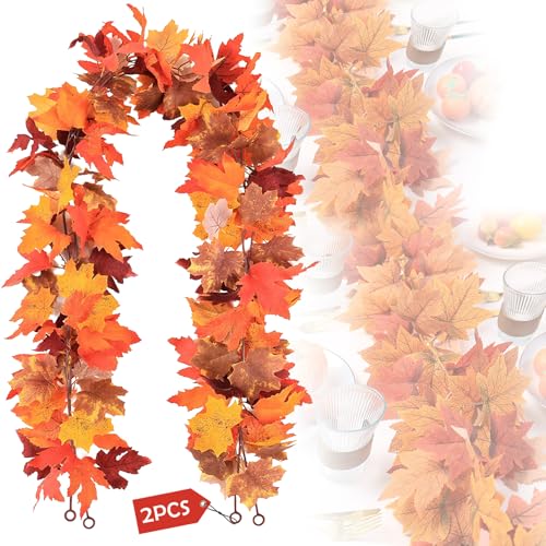 2 Pack Artificial Ahornblatt Girlande - Insgesamt 3 6 m Herbst Deko Ranken für Thanksgiving Halloween Weihnachten - Kamin Hochzeit Party Dekoration (Burgunder Gold Orange)