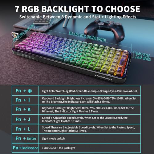Image of FOPETT Wireless Computer Keyboard with RGB Backlit, Tri-Mode Bluetooth 5.0 /USB-C /2.4GHz Ergonomic Gaming Keyboard - Full-Size Rechargeable Transparent Keycap for Laptop /Windows /PC - Black