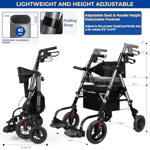 Image of Foldable Walkers for Seniors with Seat, 2 in 1 Rollator Wheelchair Combo