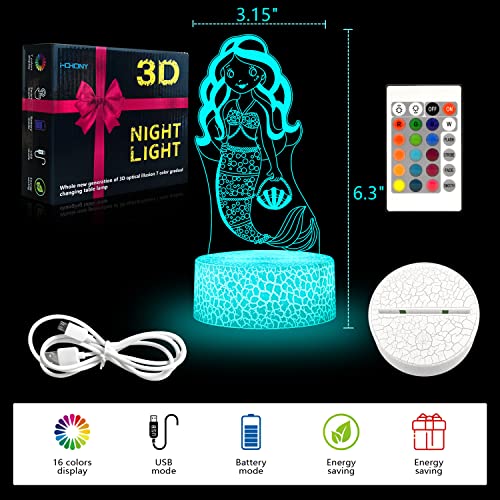 Image of i-CHONY Mermaid Gifts Night Light for Girls,3D Illusion Lamp with Remote & Smart Touch 16 Colors Dimmable Bedroom Decorations Bedside Lamp,Mermaid Toys for Kids Girls Teens Birthday Gift