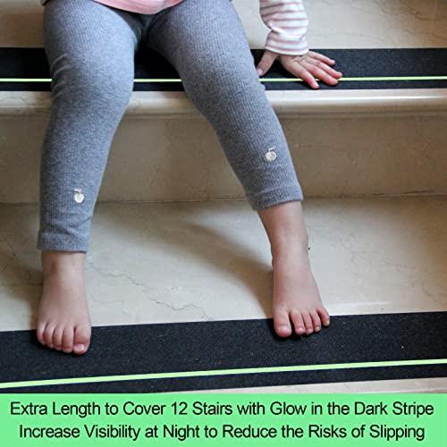 12-Pack 4”X30” Anti Slip Tape With Glow In The Dark Stripe, Pre-Cut Stair Treads Non Slip Traction Tape With Roller For Outdoor/Indoor, Waterproof Non Skid Grip Tape For Stair Steps, Easy To Install #TOP3