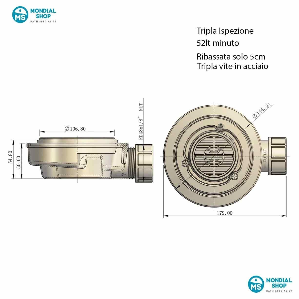 Piatto doccia bianco con scarico laterale griglia inox e piletta STAR PRESTIGE - 80x160
