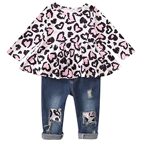 Image of XUANHAO Baby Girl Clothes 12 18 24 Months Outfits For Infant Toddler Denim Girls' Clothing Ruffle Top Ripped Jeans Pant Sets