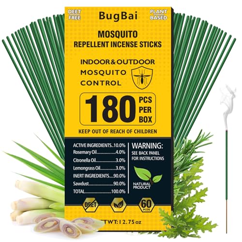BugBai Mosquito Repellent Incense Sticks 180 PCS Citronella Oil DEET-Free Mosquito Repellent for Outdoor Patio Backyard Garden Natural Plant-Based Bug Repellent for Camping Fishing