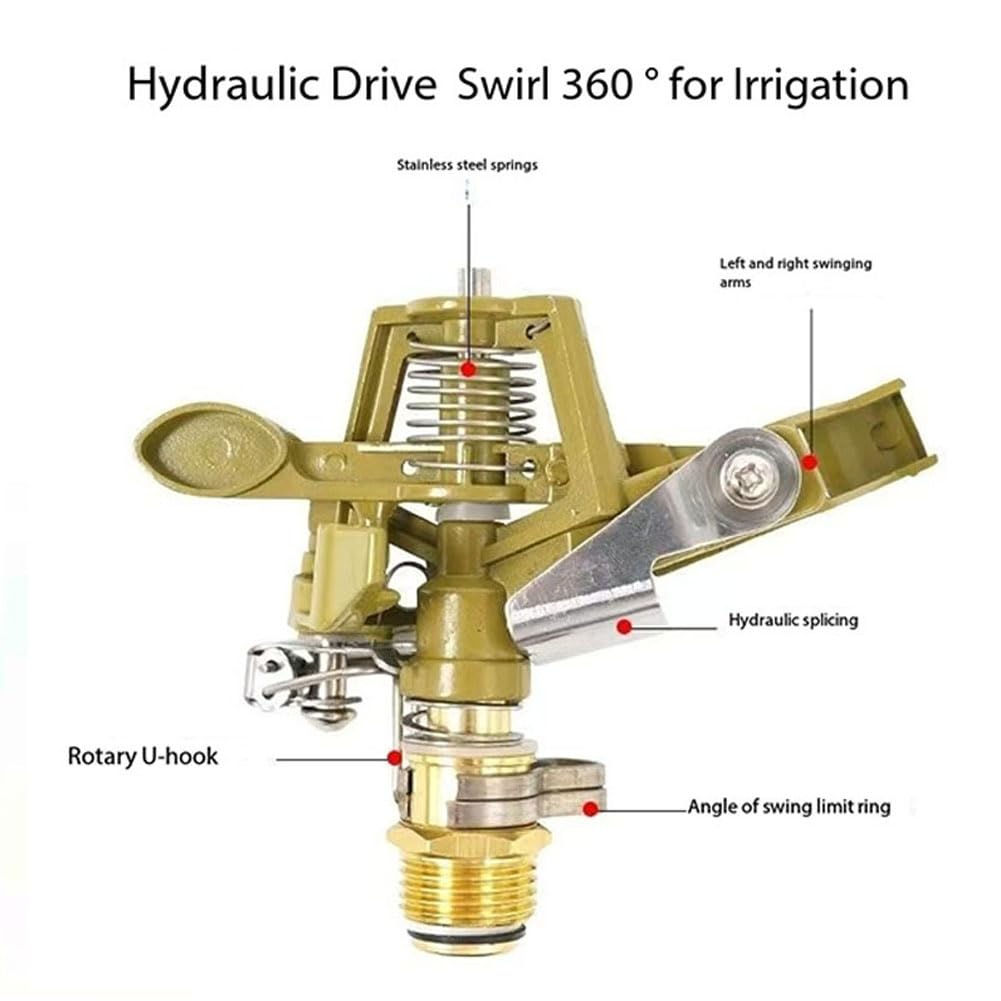 1/2, rociador de impacto de 3/4 de pulgada, plástico y cabezal de aspersor de césped de servicio pesado con boquilla, ajustable 0-360 grados, impulso de agua para una gran cobertura