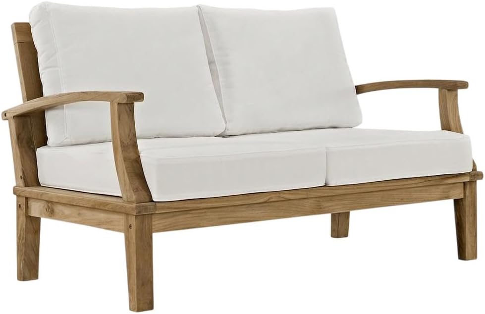 White Outdoor Patio Teak Loveseat with Cushioned Seat, Durable Wooden Frame, Modern Outdoor Furniture for Garden, Patio, Deck