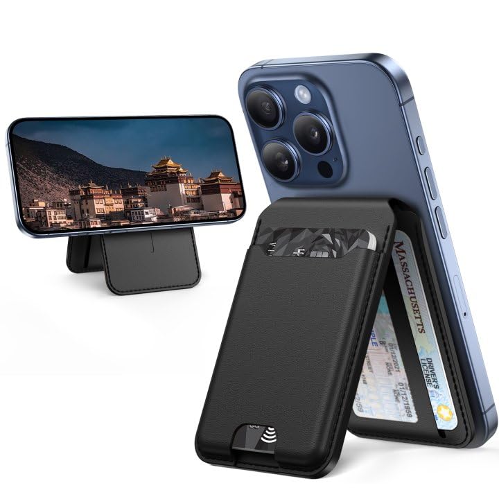 Miracase for MagSafe Wallet (Stand Series) Magnetic Force 3000Gs 5-Card Holder for iPhone 17/16/15/14/13/12 Series Not for 13 Mini/12 Mini RFID Blocking Black