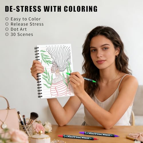 Image of Dot Coloring Book for Adults with 12 Dual-Tip Acrylic Markers,Dot Art for Adults-Adult Coloring Book with Dot By Letter 30 Patterns,Relaxation,Relieving Gifts for Women /Mother /Girl